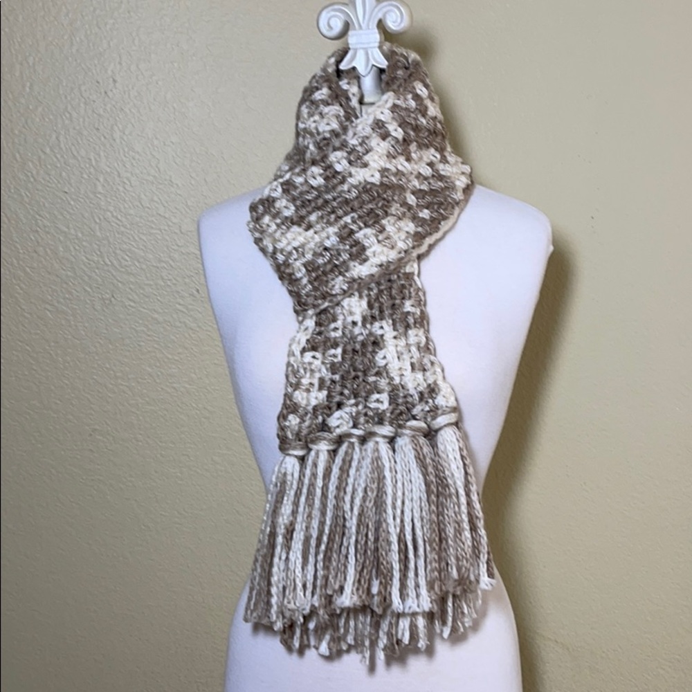Scarf With Fringes, Cream and Tan. Handmade.